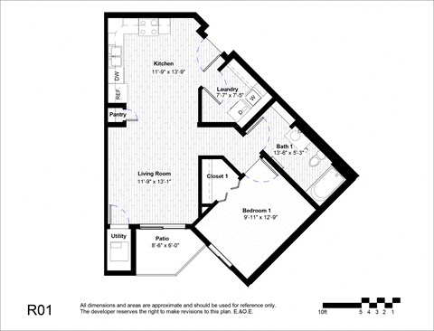 Floor plan for 1 bed, 1 bath, 690 sqft